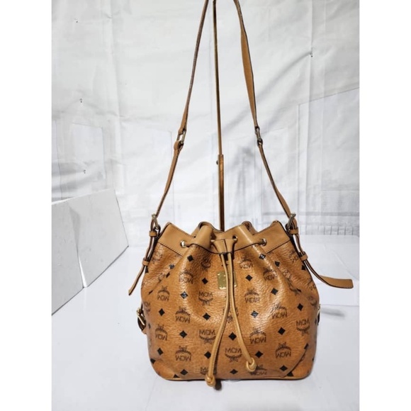 MCM Handbags - Authentic MCM Visetos Essential Drawstring Bucket Bag Cognac